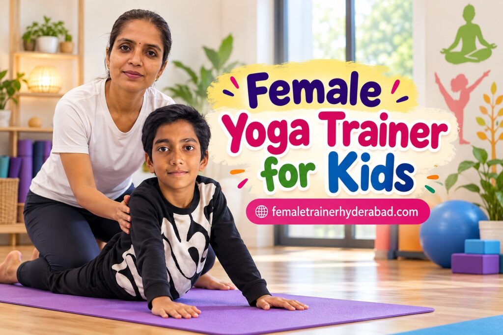 female yoga trainer giving training to kids in yoga studio